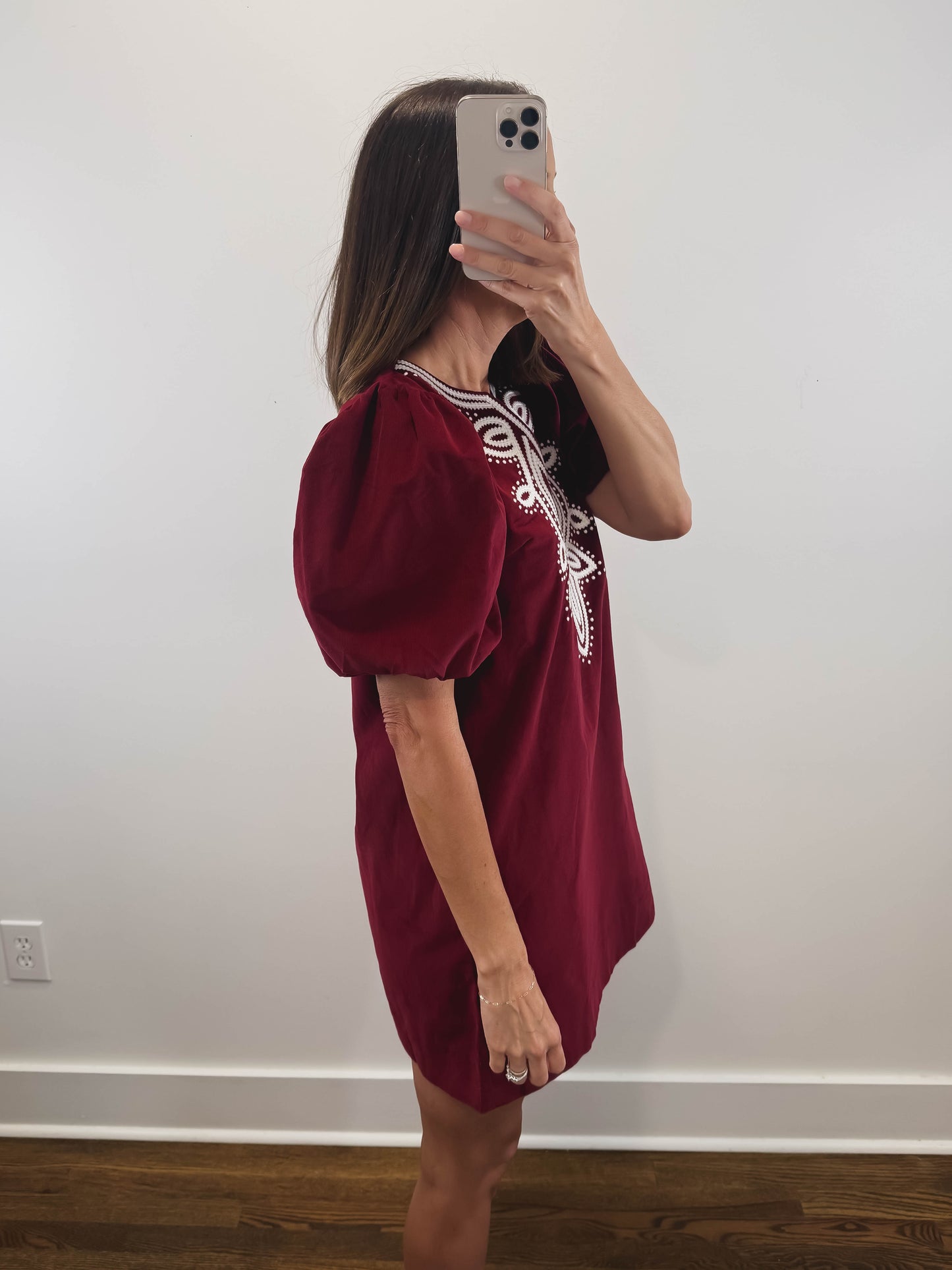 The Merlot Dress | Burgundy Embroidered Corduroy Mini Dress