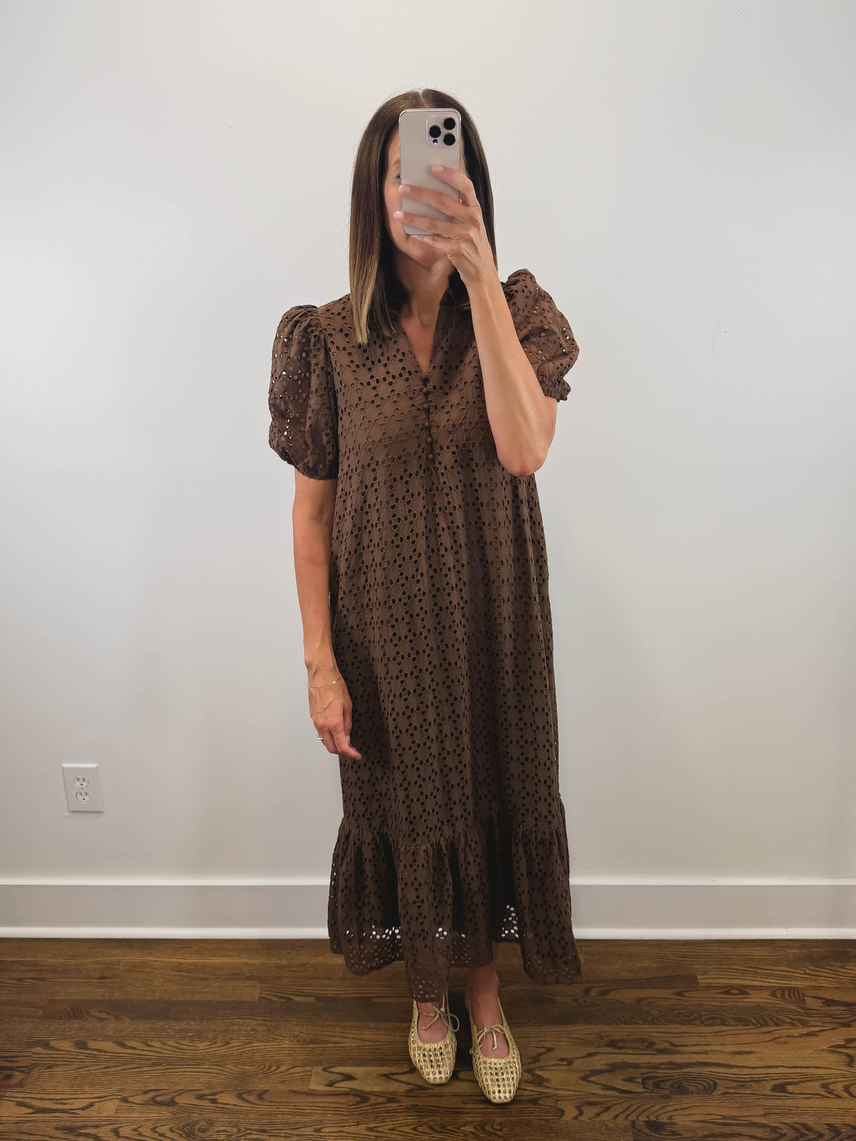 The Meadow Dress | Brown Eyelet Puff Sleeve Midi Dress