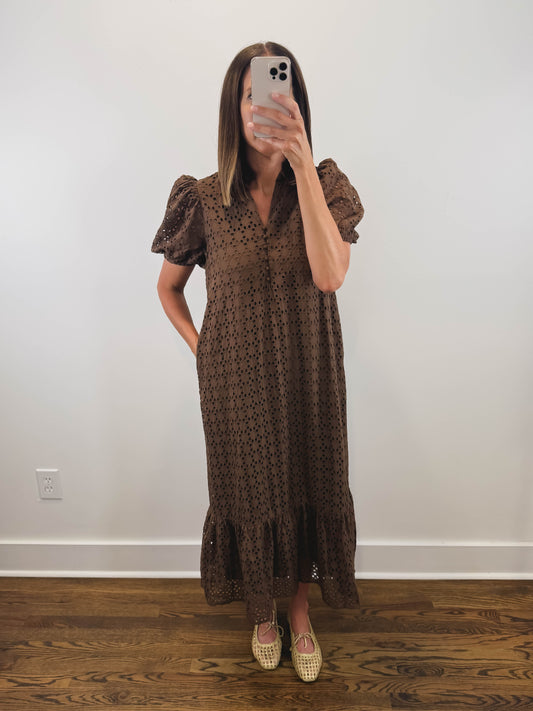 The Meadow Dress | Brown Eyelet Puff Sleeve Midi Dress