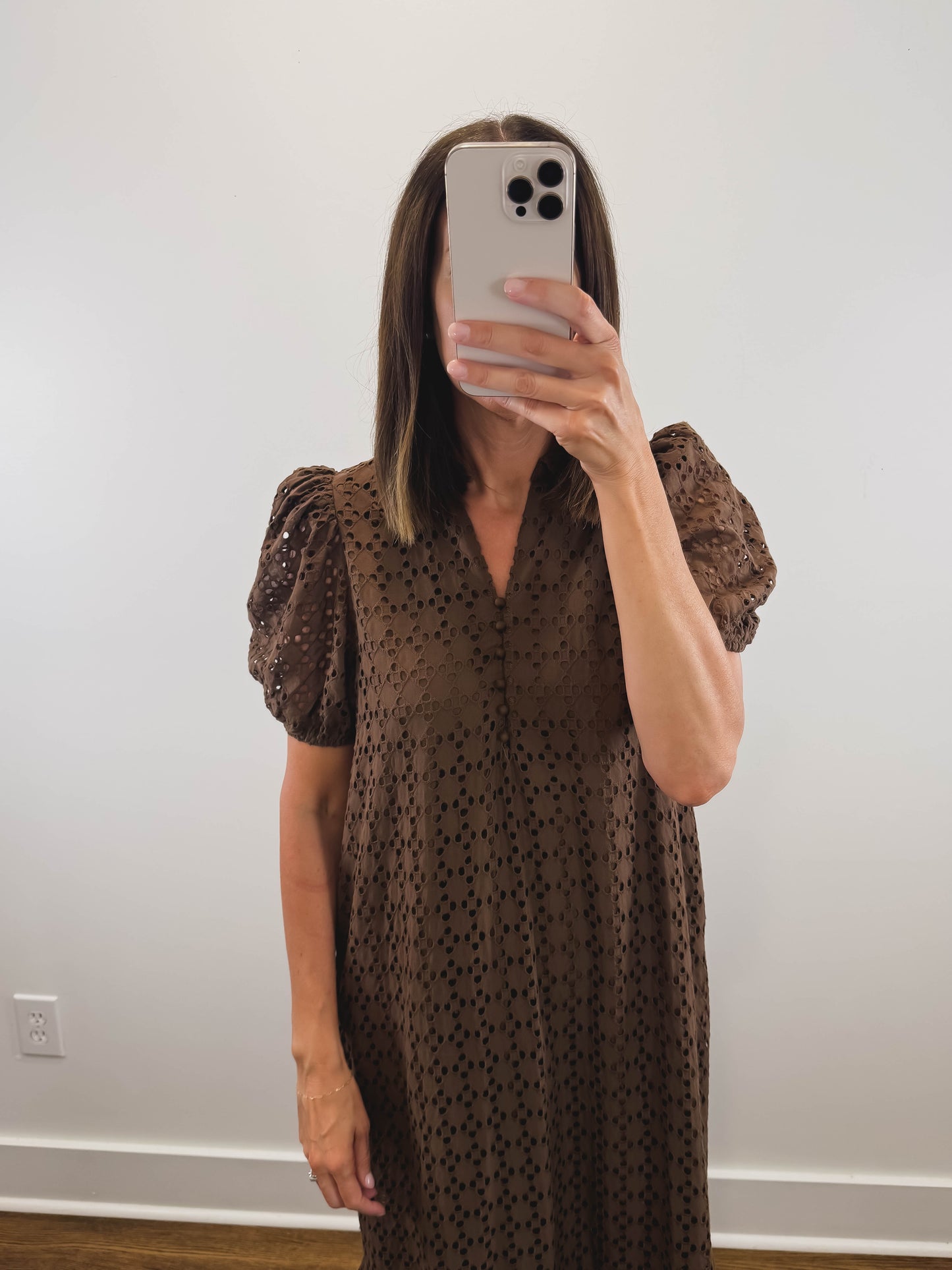 The Meadow Dress | Brown Eyelet Puff Sleeve Midi Dress