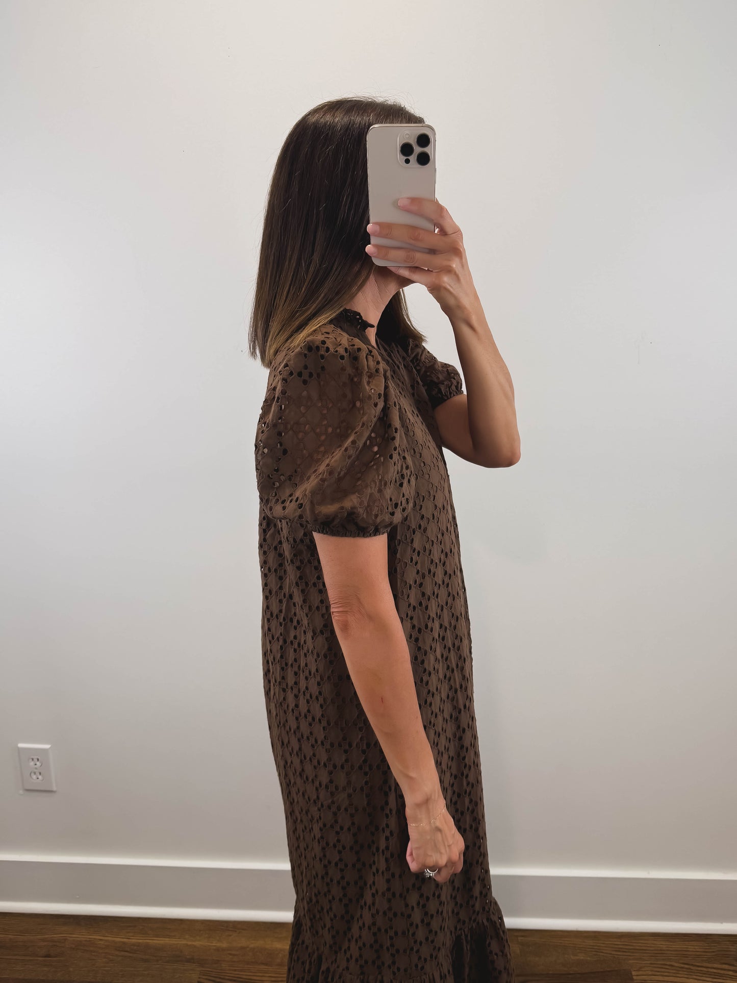 The Meadow Dress | Brown Eyelet Puff Sleeve Midi Dress