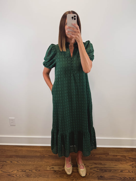 The Meadow Dress | Green Eyelet Puff Sleeve Midi Dress