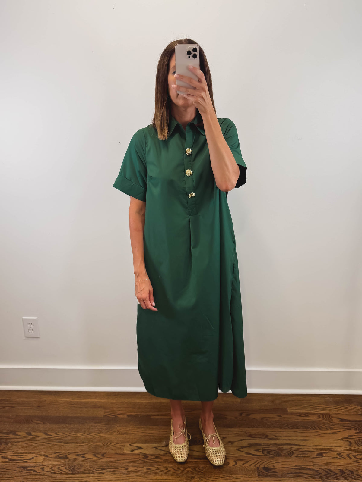 The Evergreen Lane Dress | Green Collared Short Sleeve Midi Dress
