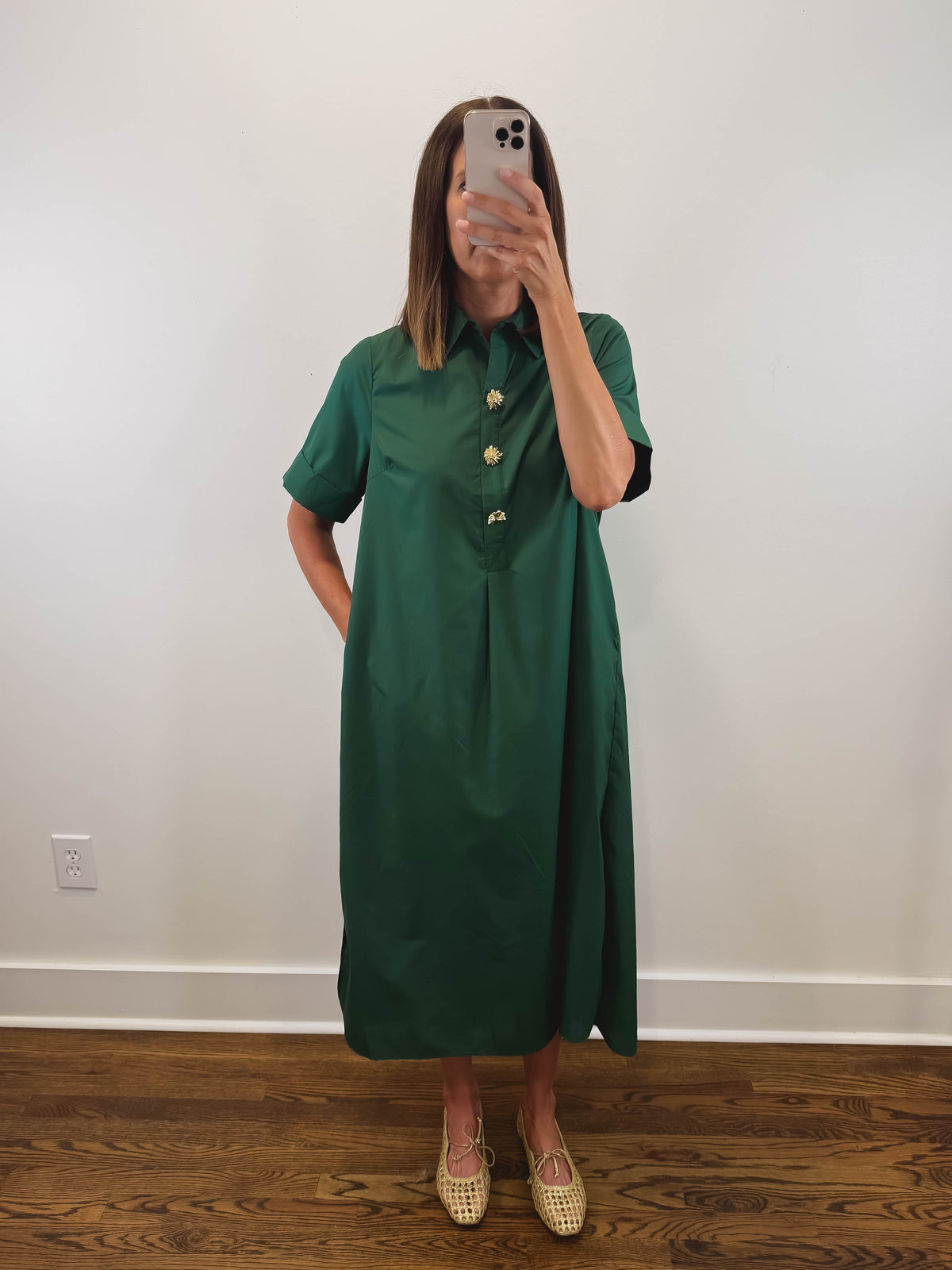 The Evergreen Lane Dress | Green Collared Short Sleeve Midi Dress