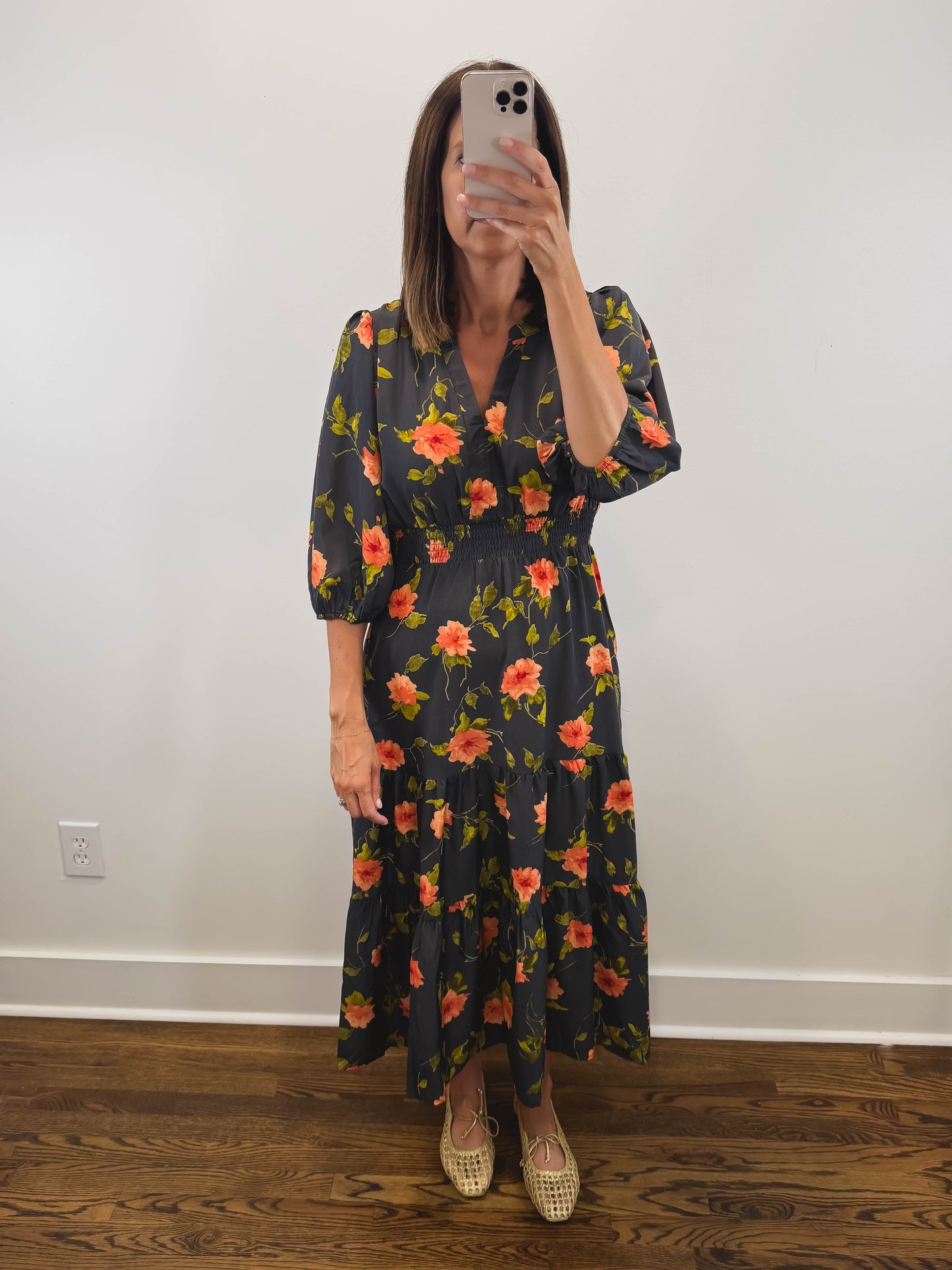 The Moody Floral Dress | Black Floral Smocked Three-Quarter Sleeve Midi Dress