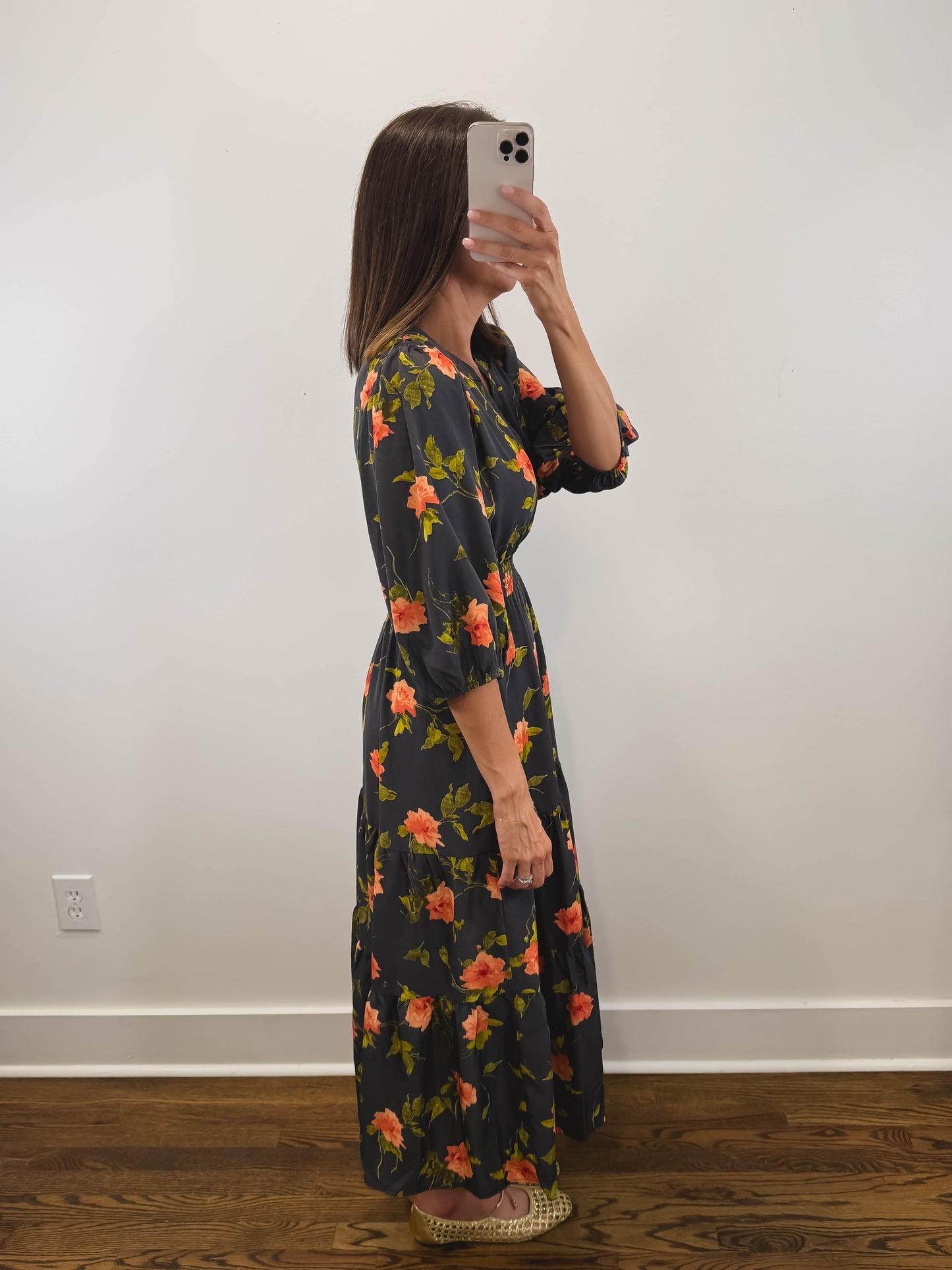 The Moody Floral Dress | Black Floral Smocked Three-Quarter Sleeve Midi Dress