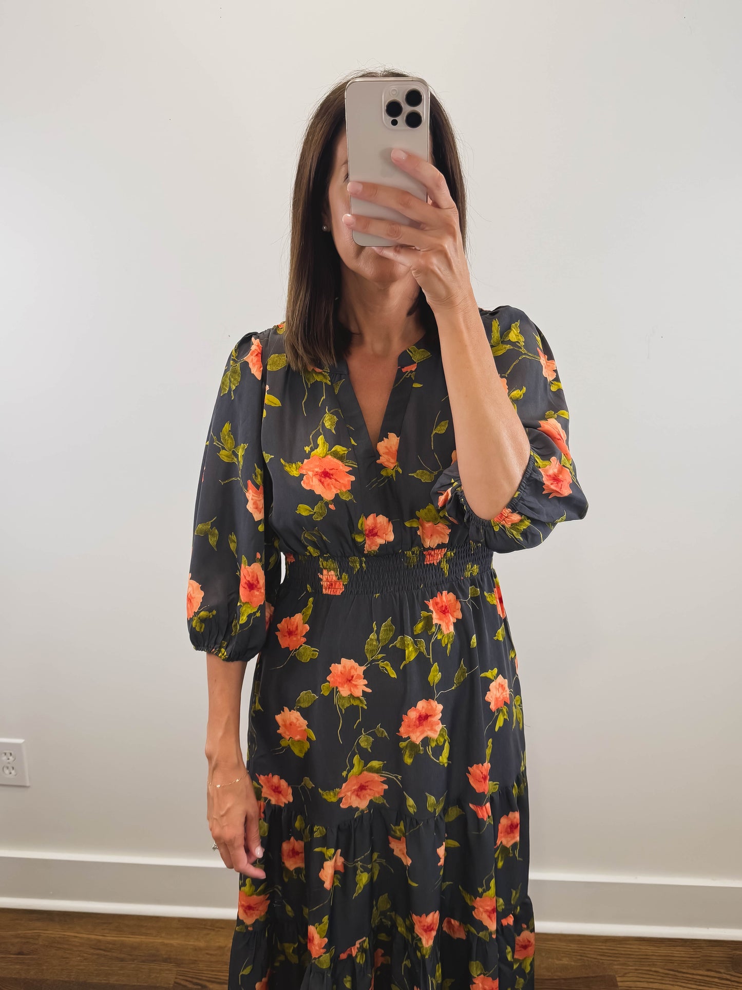 The Moody Floral Dress | Black Floral Smocked Three-Quarter Sleeve Midi Dress