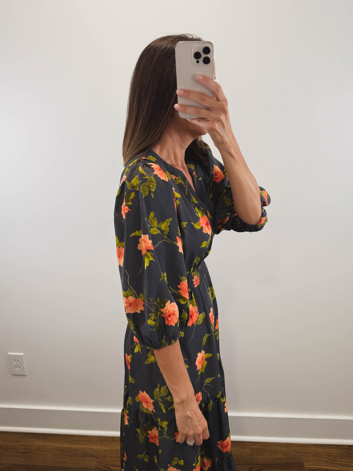 The Moody Floral Dress | Black Floral Smocked Three-Quarter Sleeve Midi Dress