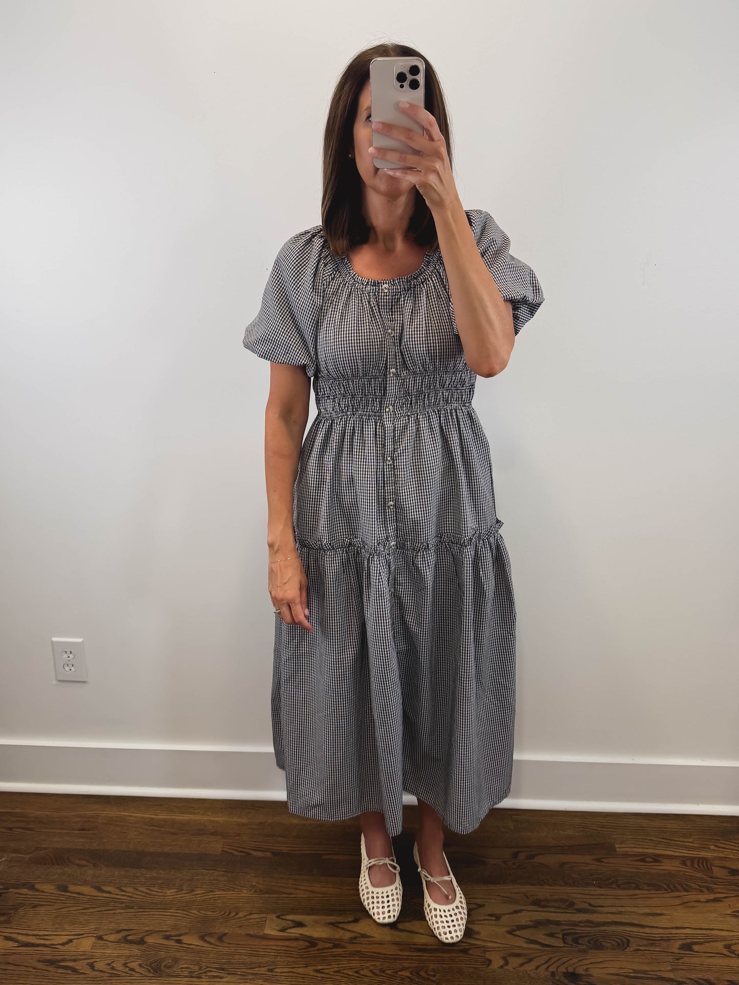 The Nantucket Gingham Dress | Navy Smocked Puff Sleeve Midi Dress