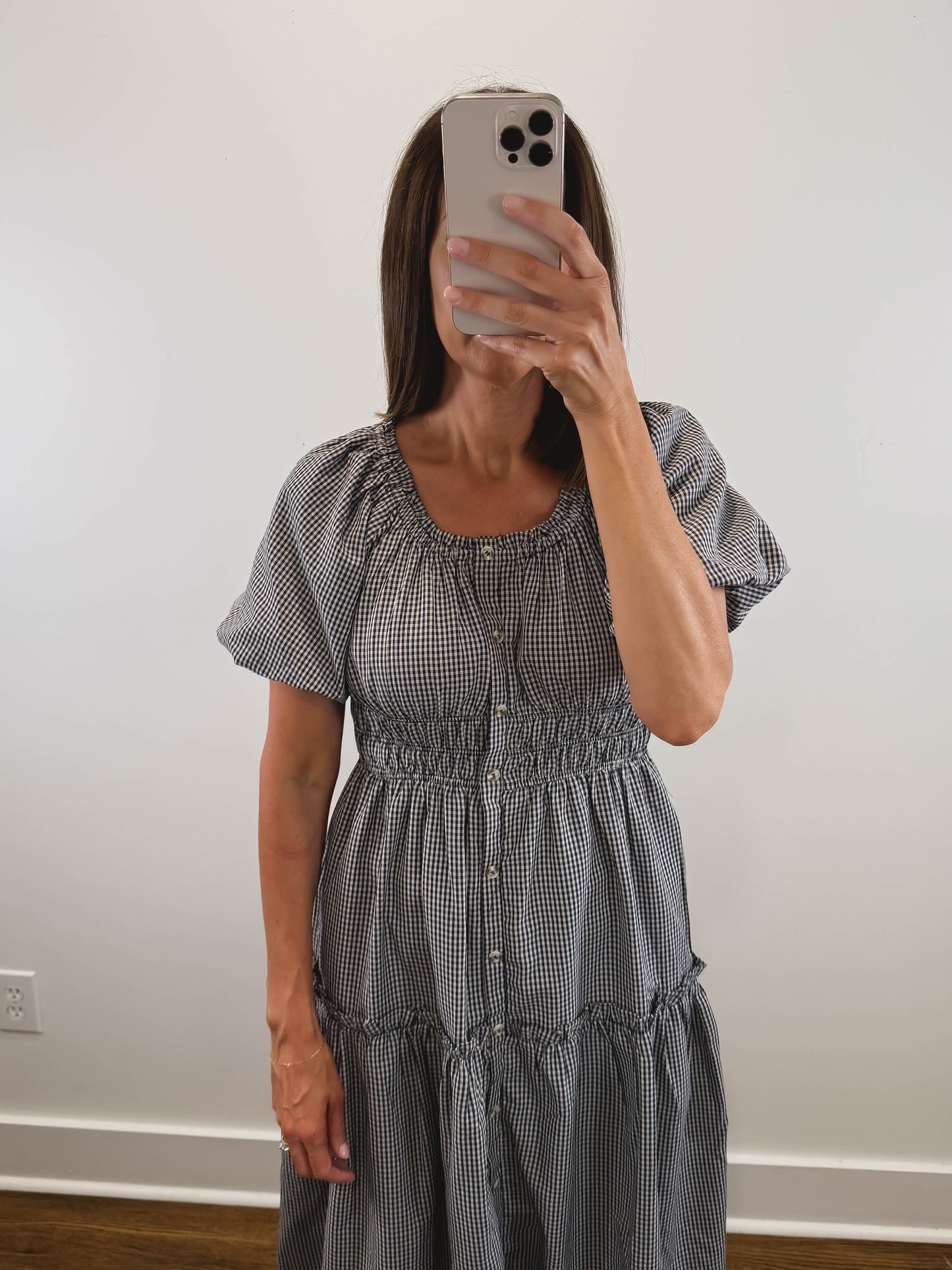 The Nantucket Gingham Dress | Navy Smocked Puff Sleeve Midi Dress