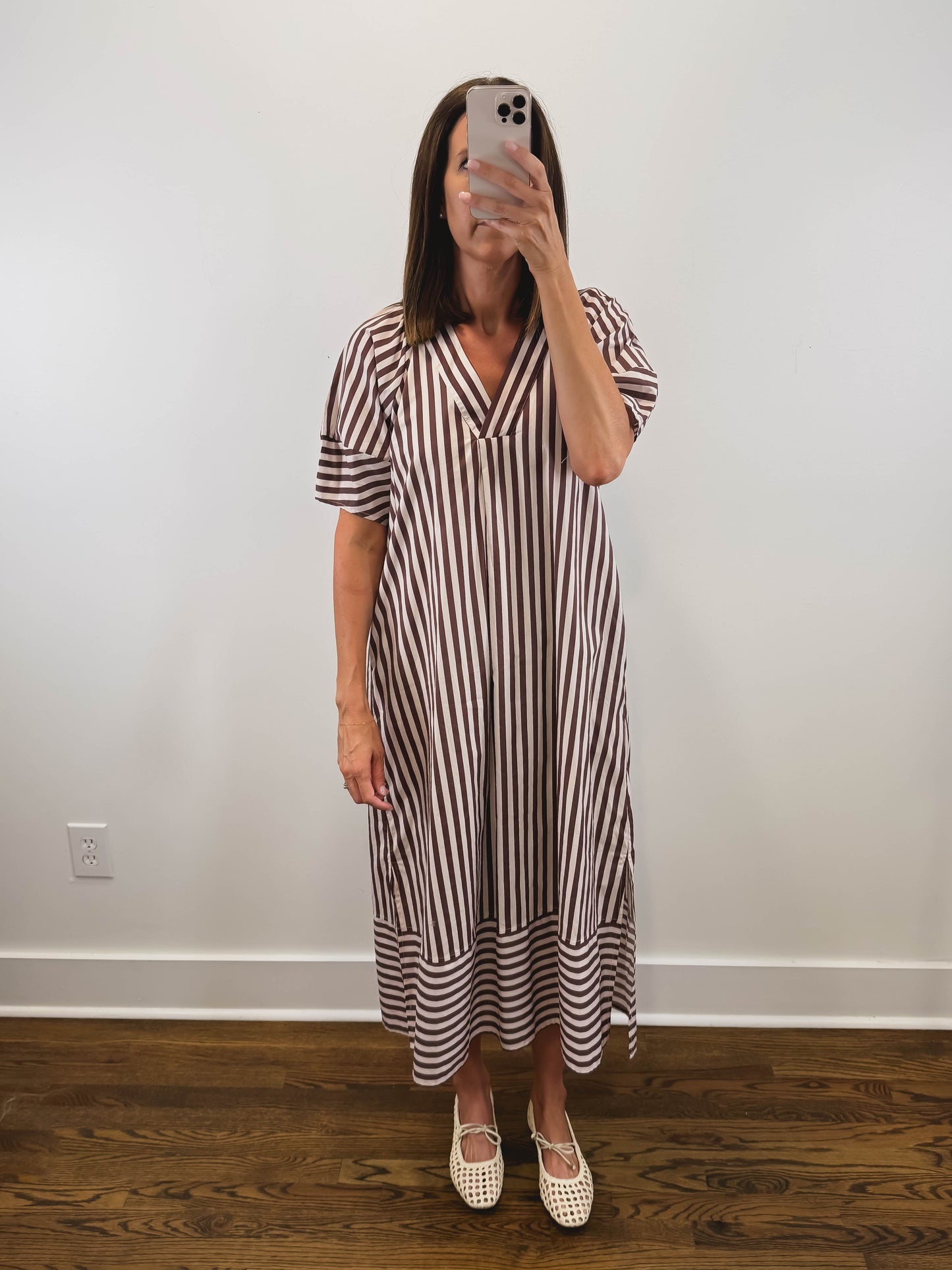 The Oakley Dress | Brown Striped Puff Sleeve Midi Dress
