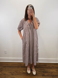The Oakley Dress | Brown Striped Puff Sleeve Midi Dress