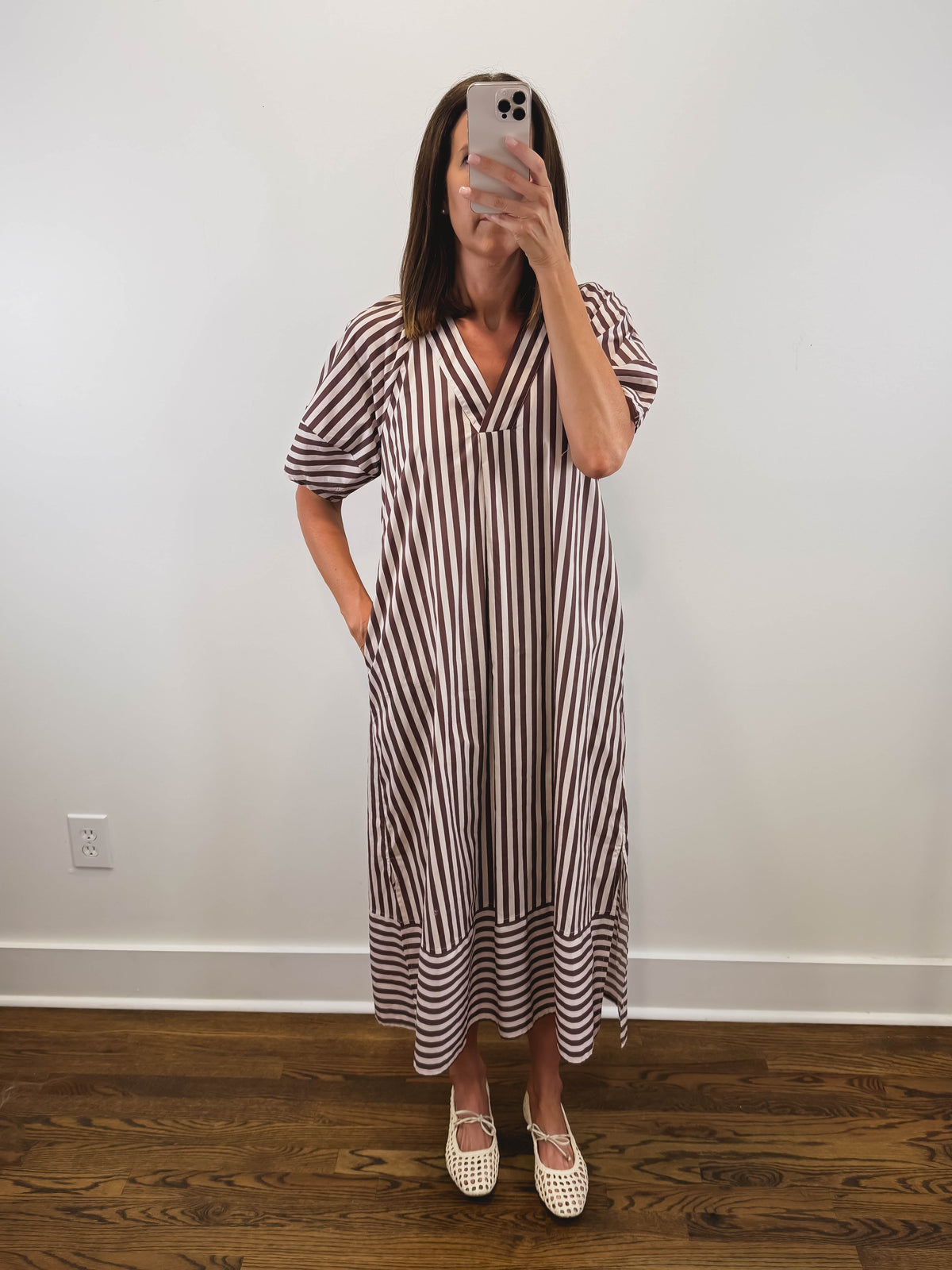 The Oakley Dress | Brown Striped Puff Sleeve Midi Dress