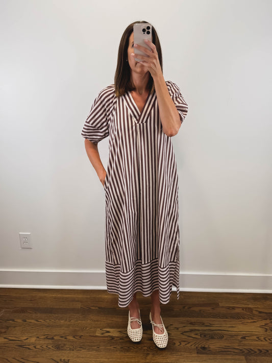 The Oakley Dress | Brown Striped Puff Sleeve Midi Dress