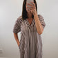 The Oakley Dress | Brown Striped Puff Sleeve Midi Dress