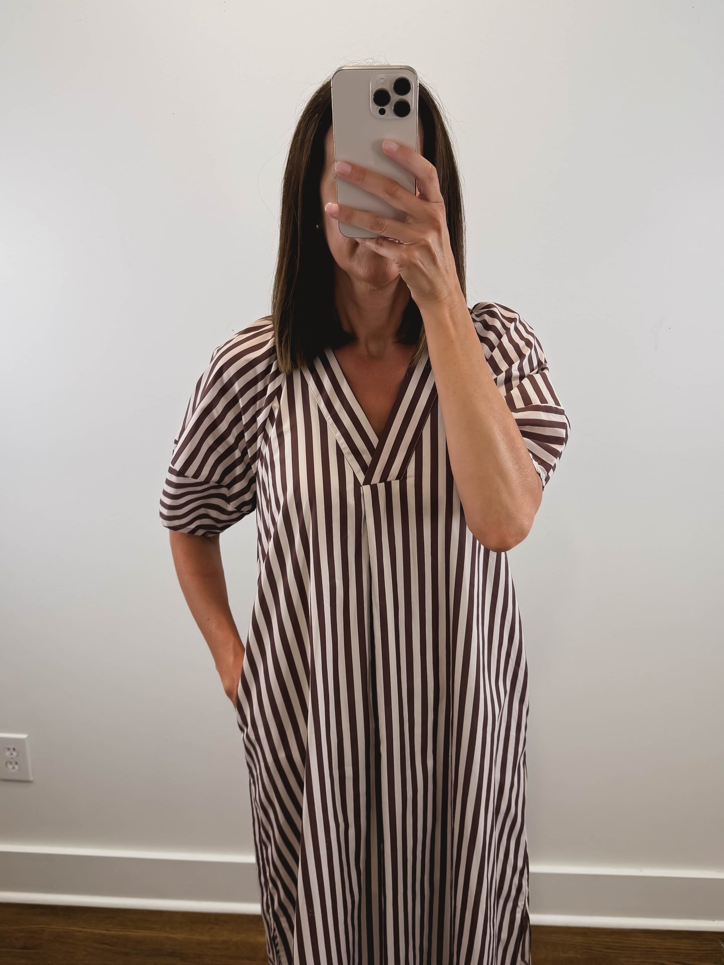 The Oakley Dress | Brown Striped Puff Sleeve Midi Dress