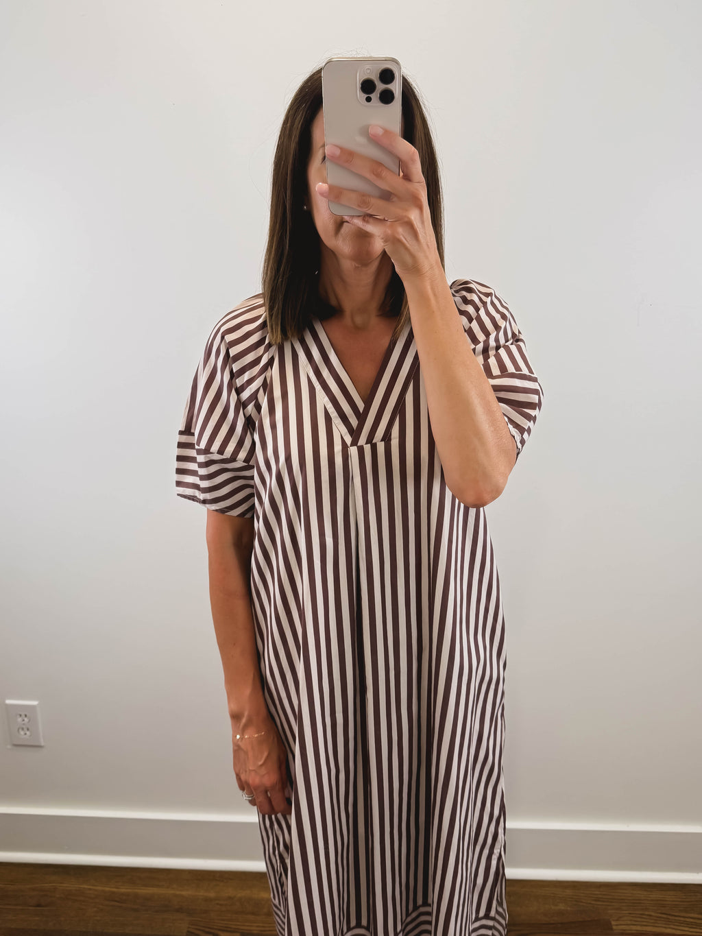 The Oakley Dress | Brown Striped Puff Sleeve Midi Dress
