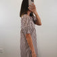 The Oakley Dress | Brown Striped Puff Sleeve Midi Dress