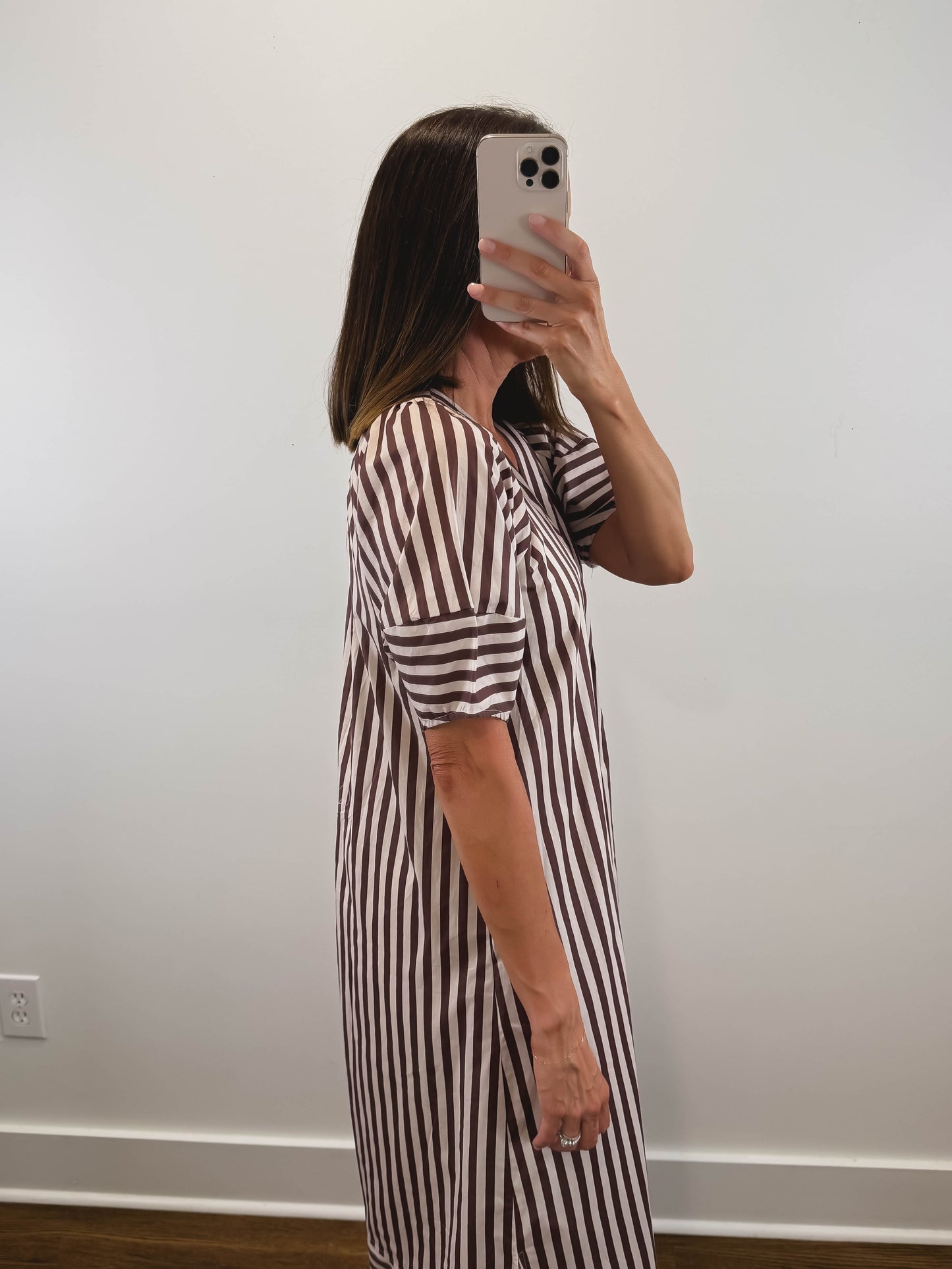 The Oakley Dress | Brown Striped Puff Sleeve Midi Dress