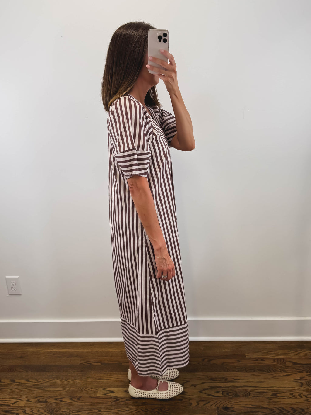 The Oakley Dress | Brown Striped Puff Sleeve Midi Dress