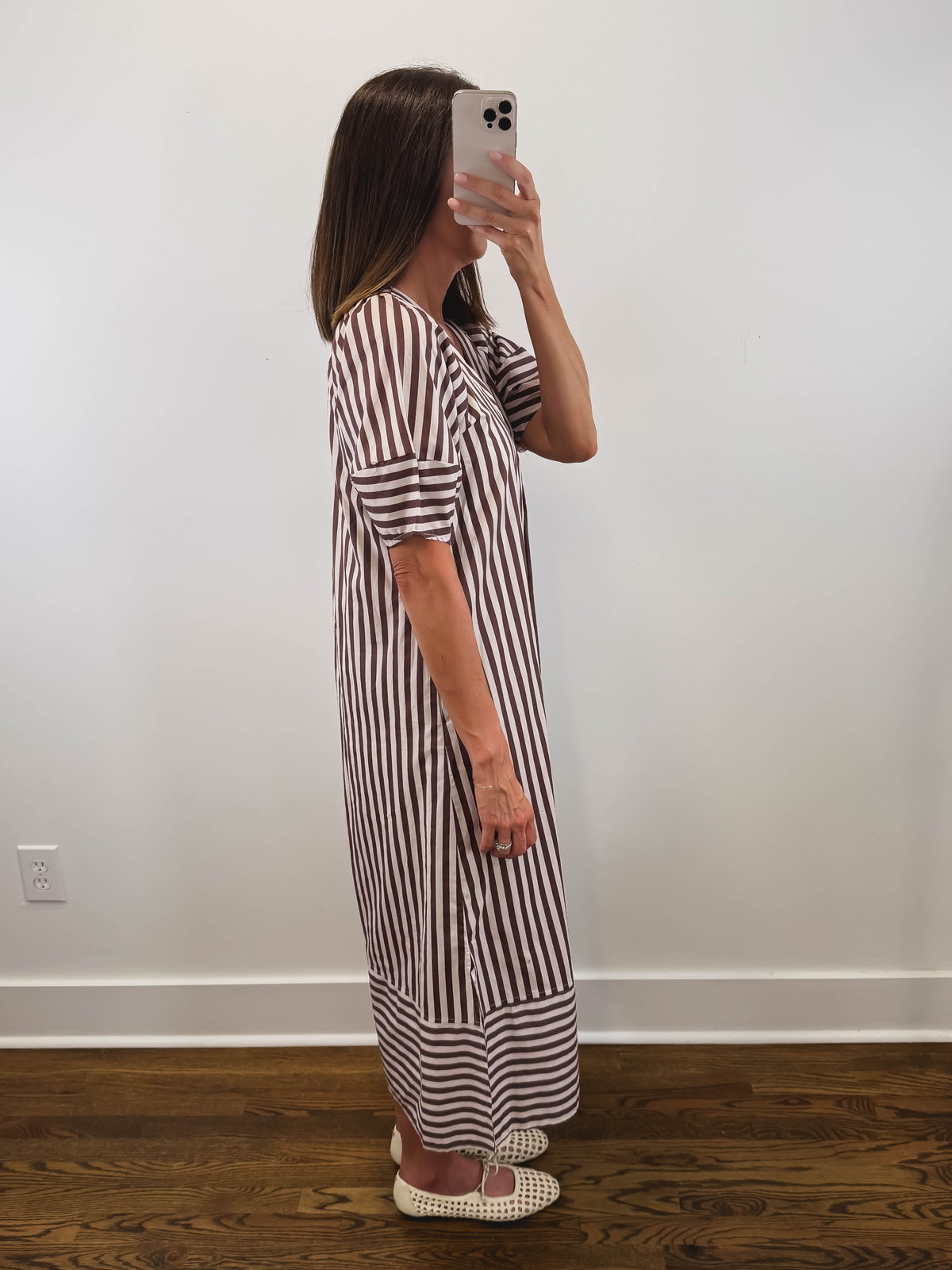 The Oakley Dress | Brown Striped Puff Sleeve Midi Dress