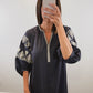 The Ashby Dress | Grey Embroidered Three-Quarter Sleeve Midi Dress