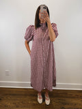 The Heritage Gingham Dress | Burgundy Puff Sleeve Midi Dress
