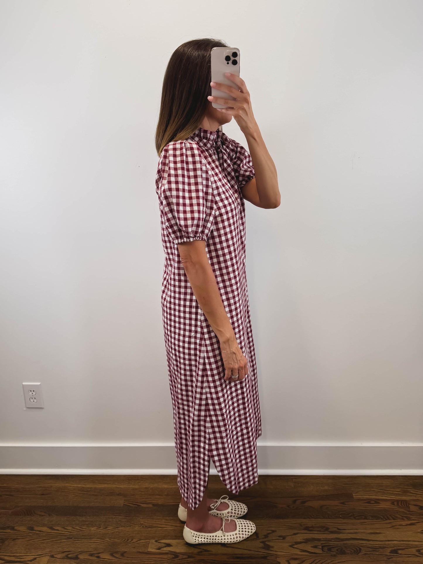 The Heritage Gingham Dress | Burgundy Puff Sleeve Midi Dress