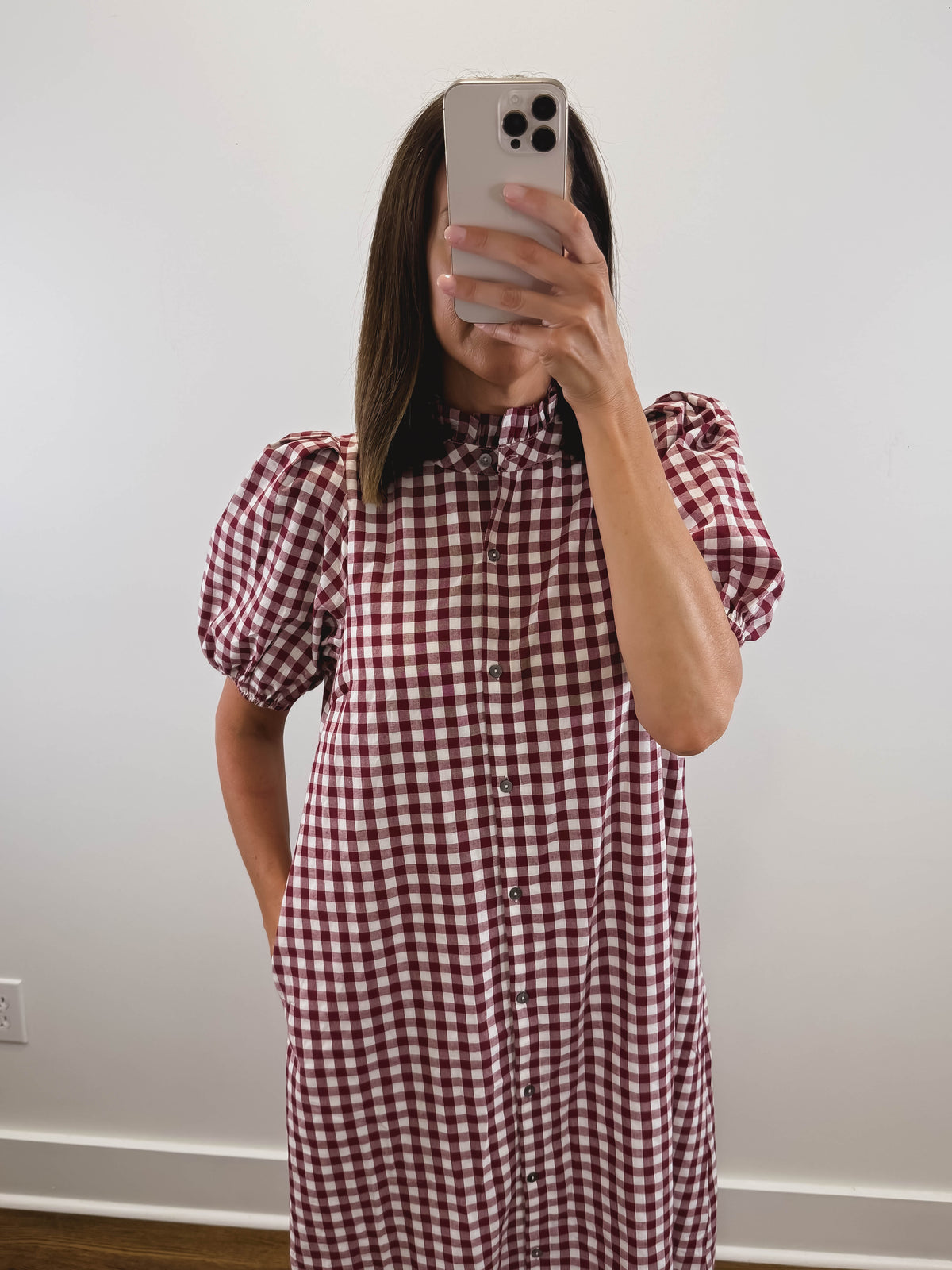 The Heritage Gingham Dress | Burgundy Puff Sleeve Midi Dress