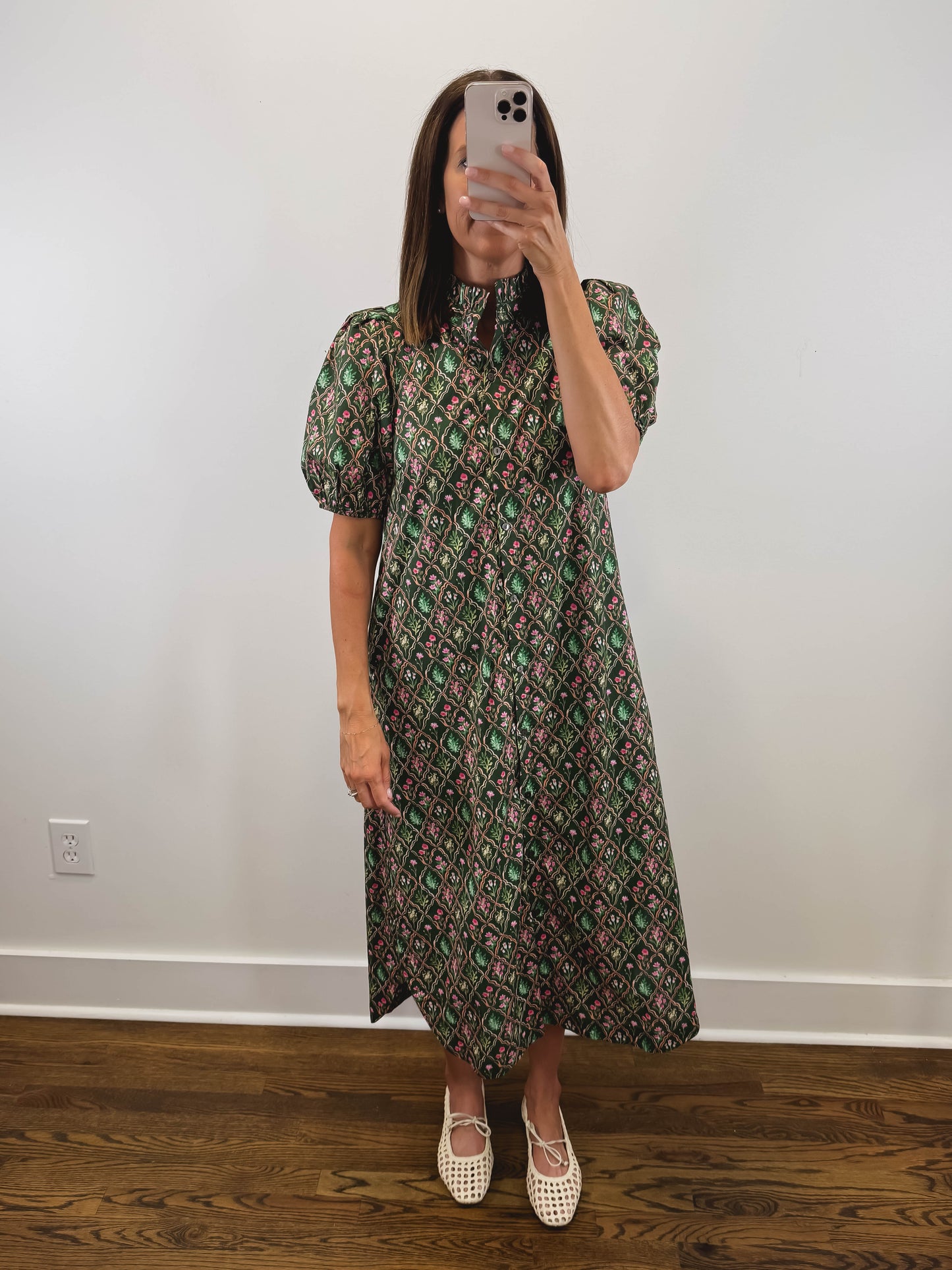 The Woodland Bloom Dress | Green Floral Puff Sleeve Midi Dress
