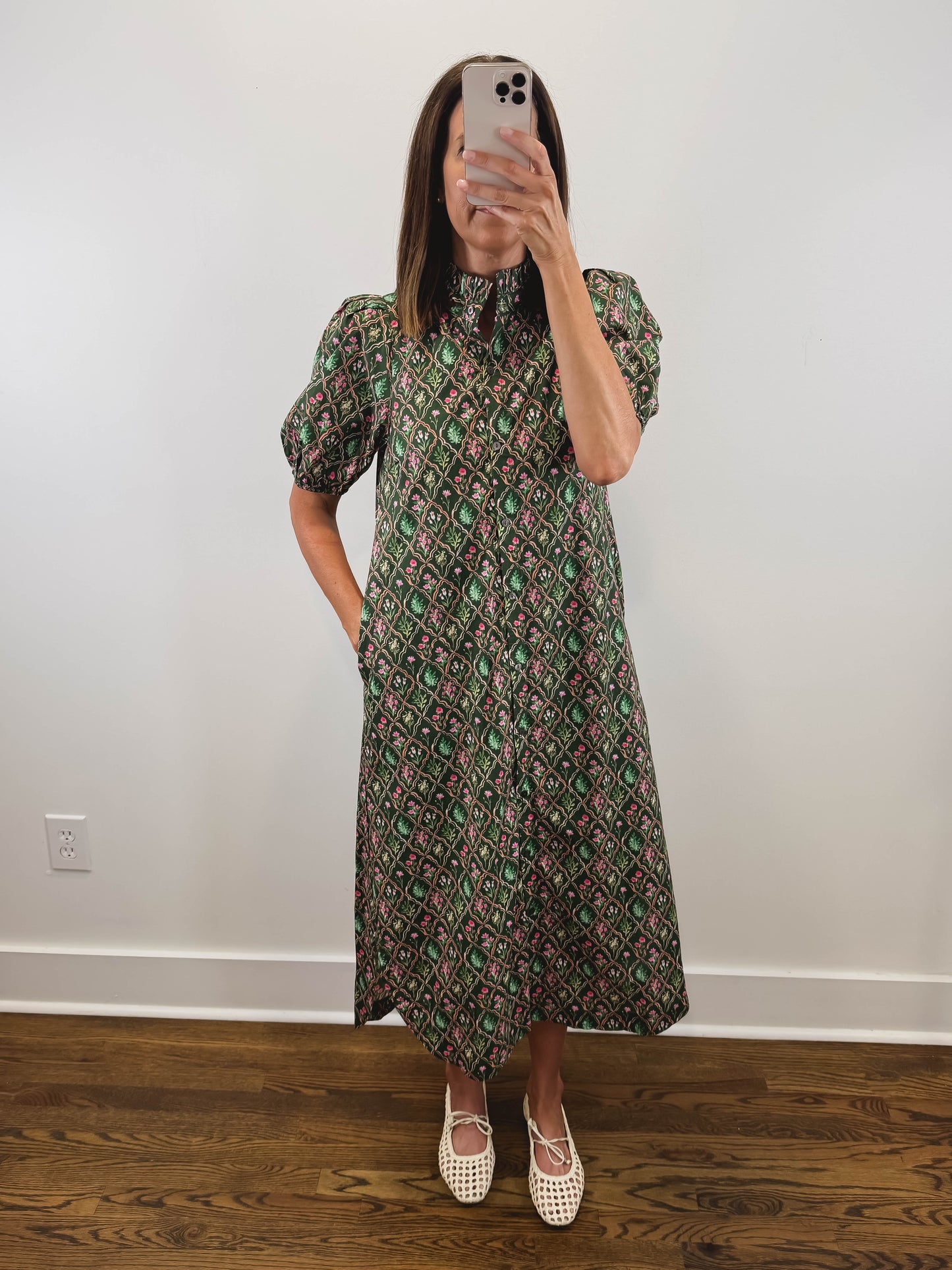 The Woodland Bloom Dress | Green Floral Puff Sleeve Midi Dress