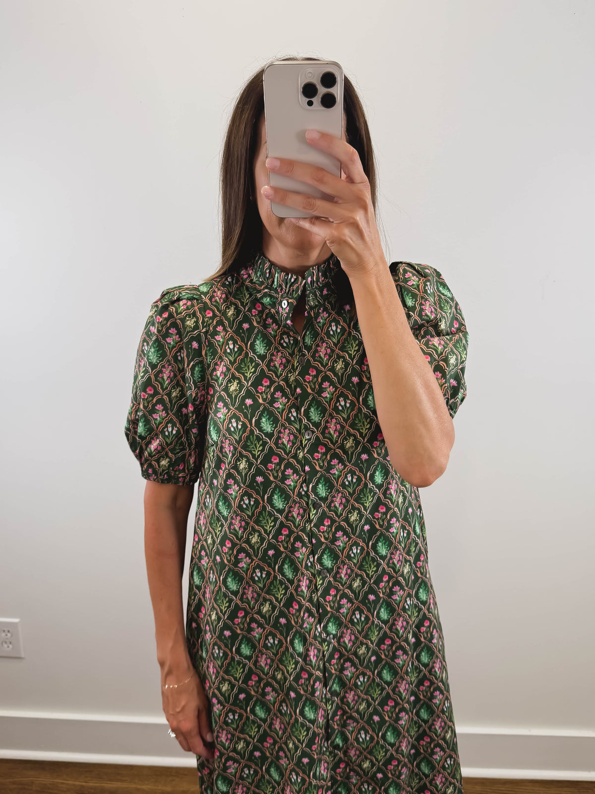 The Woodland Bloom Dress | Green Floral Puff Sleeve Midi Dress