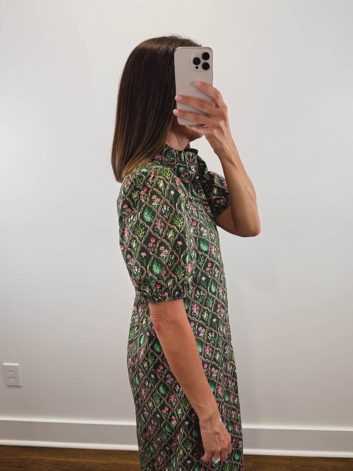 The Woodland Bloom Dress | Green Floral Puff Sleeve Midi Dress