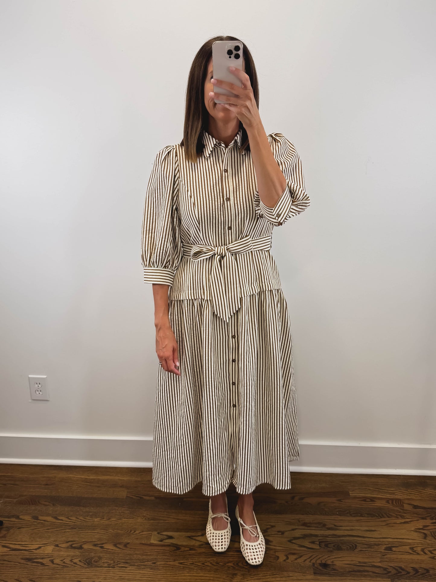 The Ashford Dress | Brown Belted Three-Quarter Sleeve Midi Dress