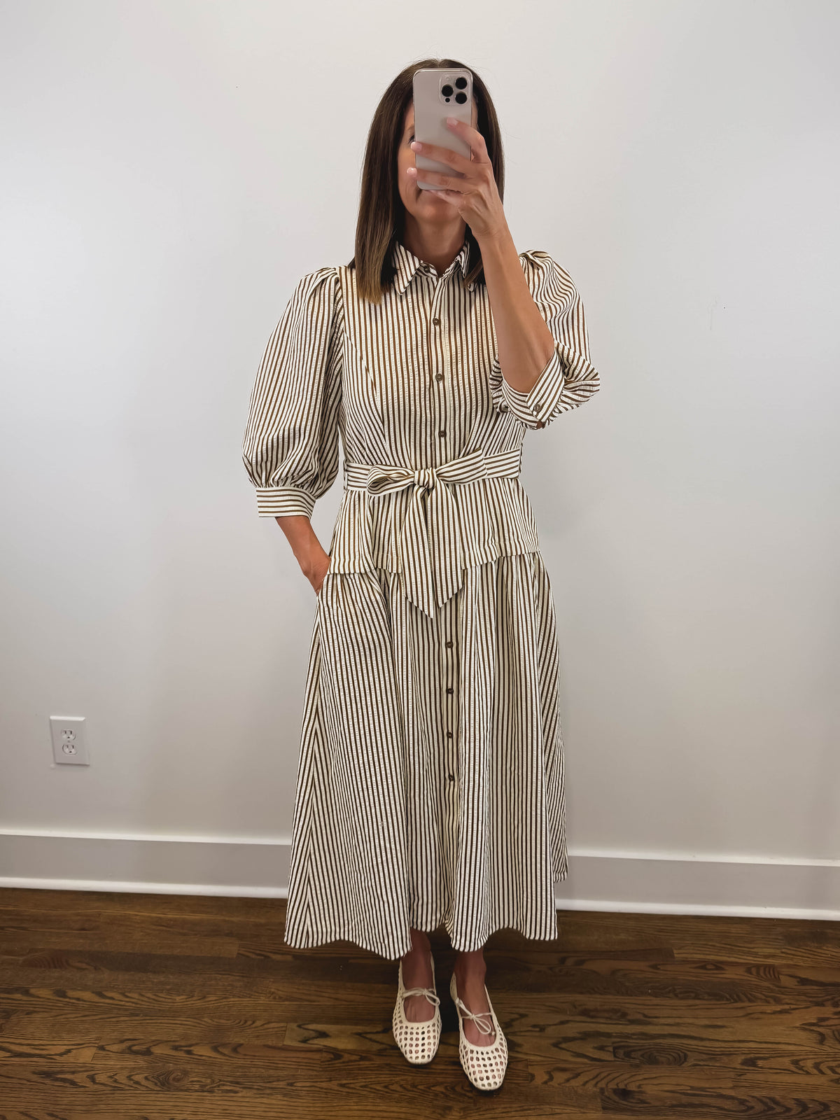 The Ashford Dress | Brown Belted Three-Quarter Sleeve Midi Dress