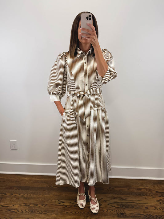 The Ashford Dress | Brown Belted Three-Quarter Sleeve Midi Dress
