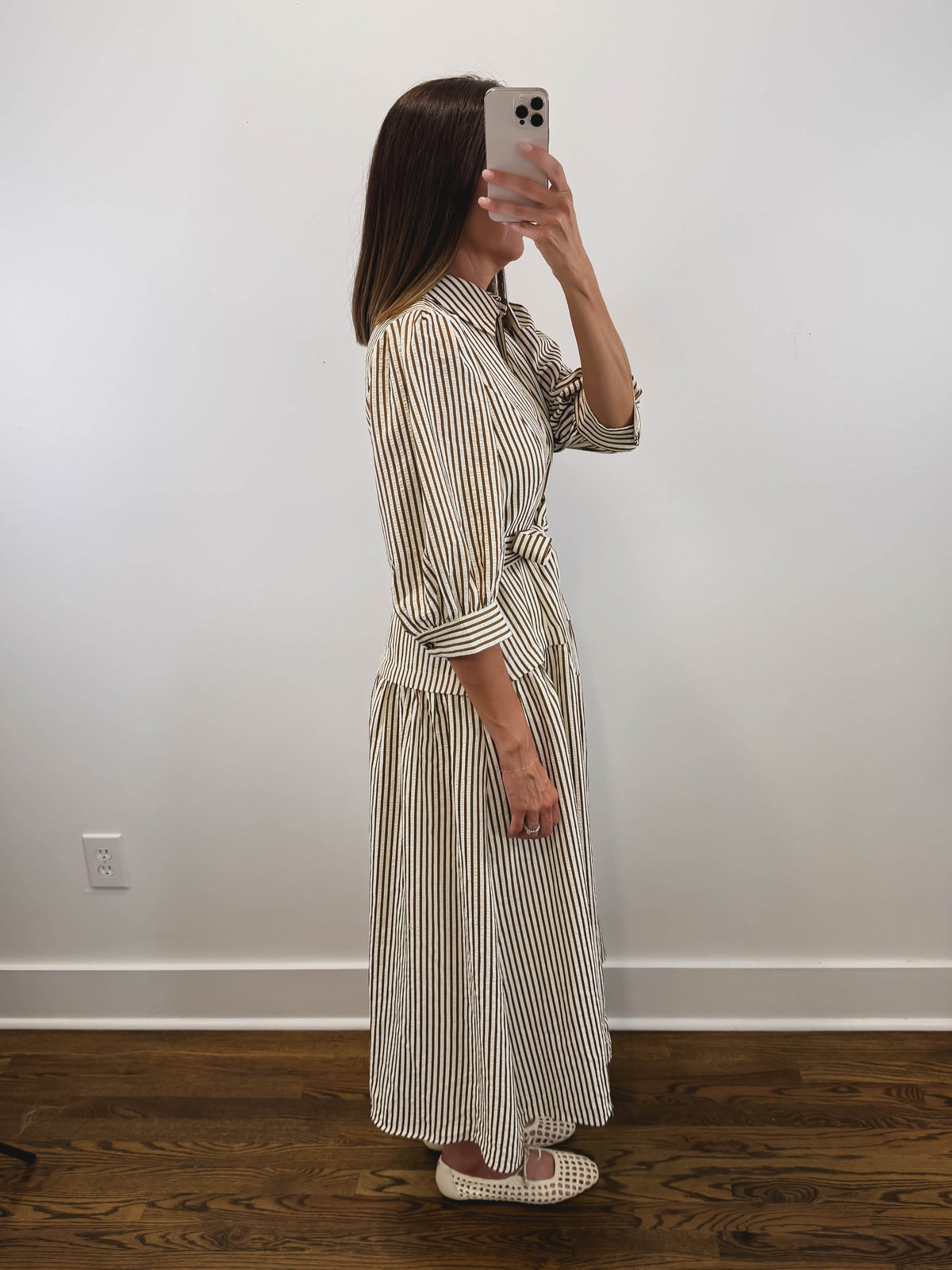 The Ashford Dress | Brown Belted Three-Quarter Sleeve Midi Dress