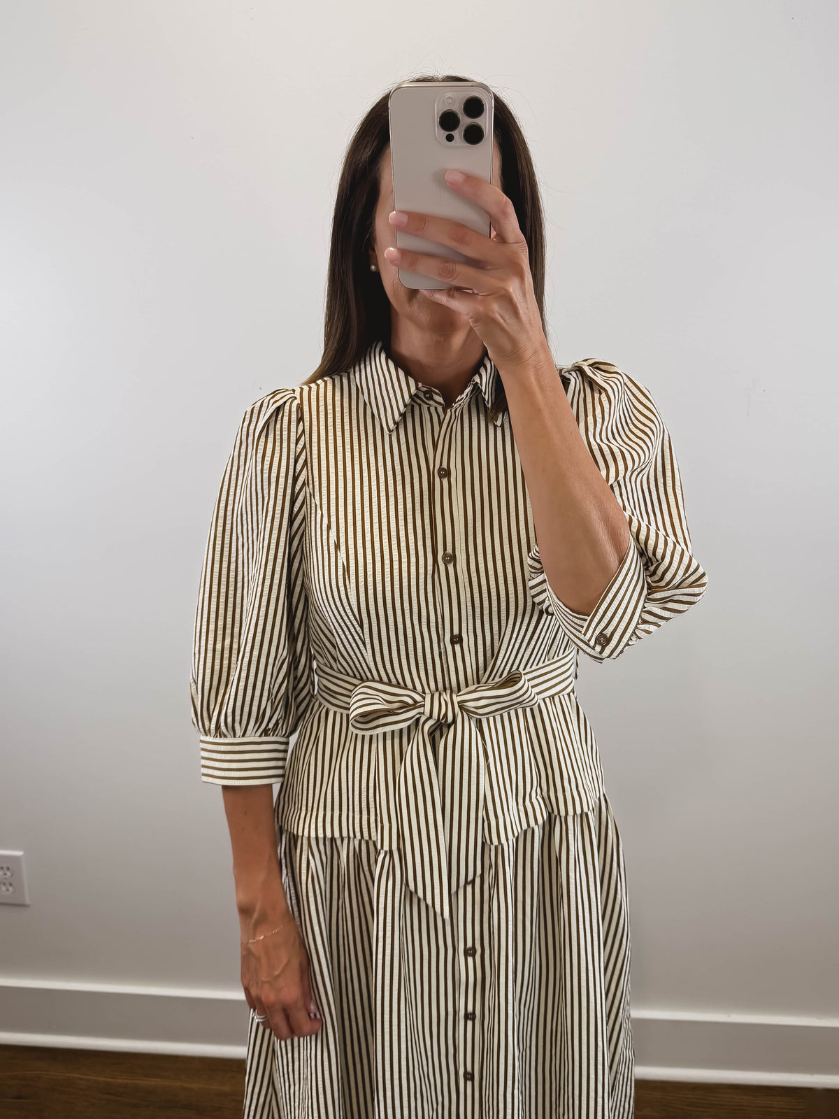 The Ashford Dress | Brown Belted Three-Quarter Sleeve Midi Dress