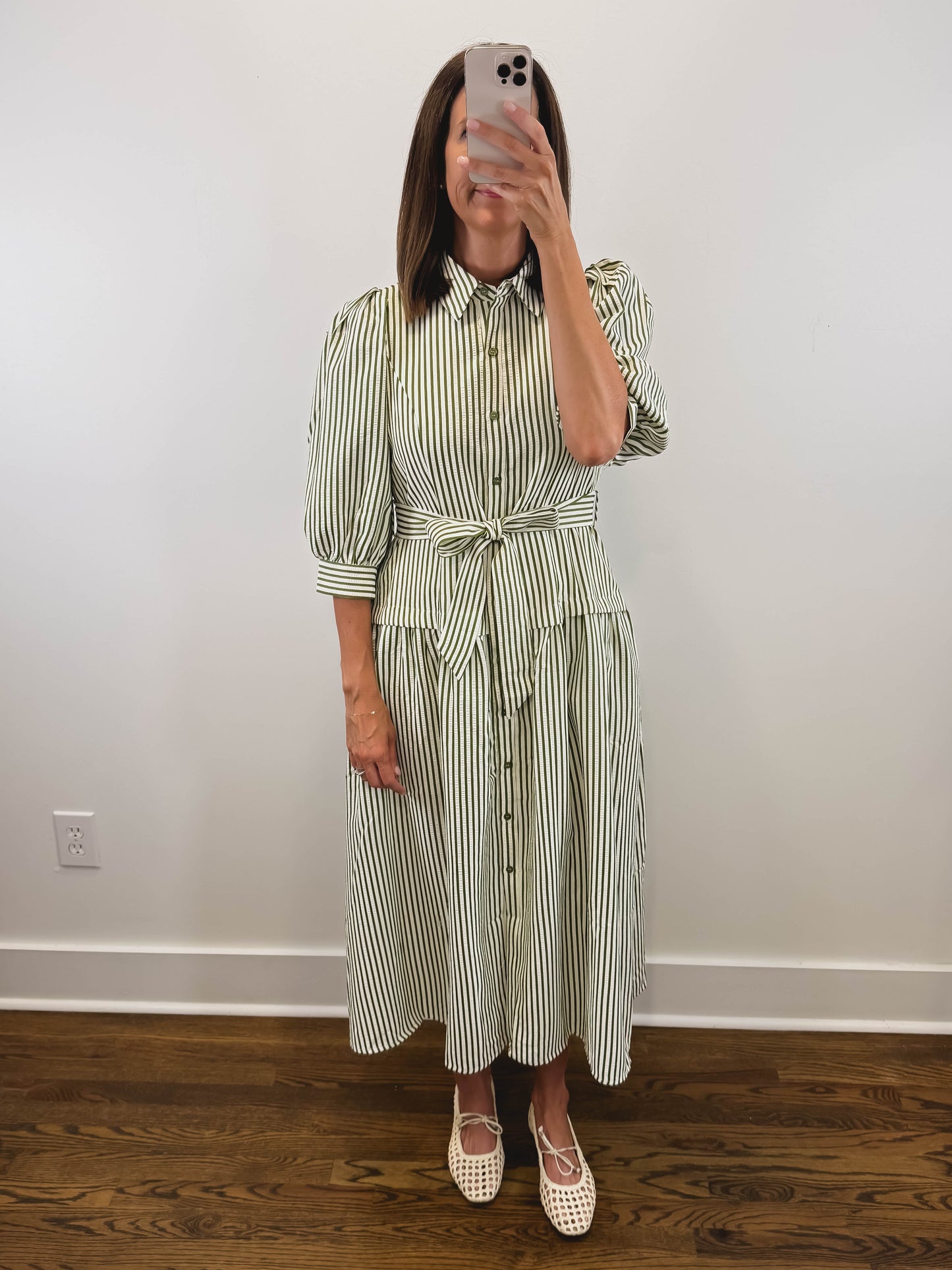 The Ashford Dress | Green Belted Three-Quarter Sleeve Midi Dress