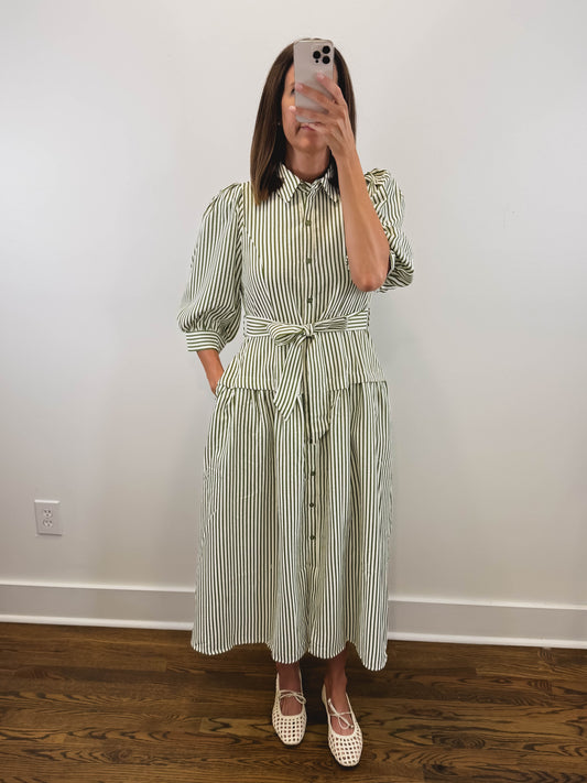 The Ashford Dress | Green Belted Three-Quarter Sleeve Midi Dress
