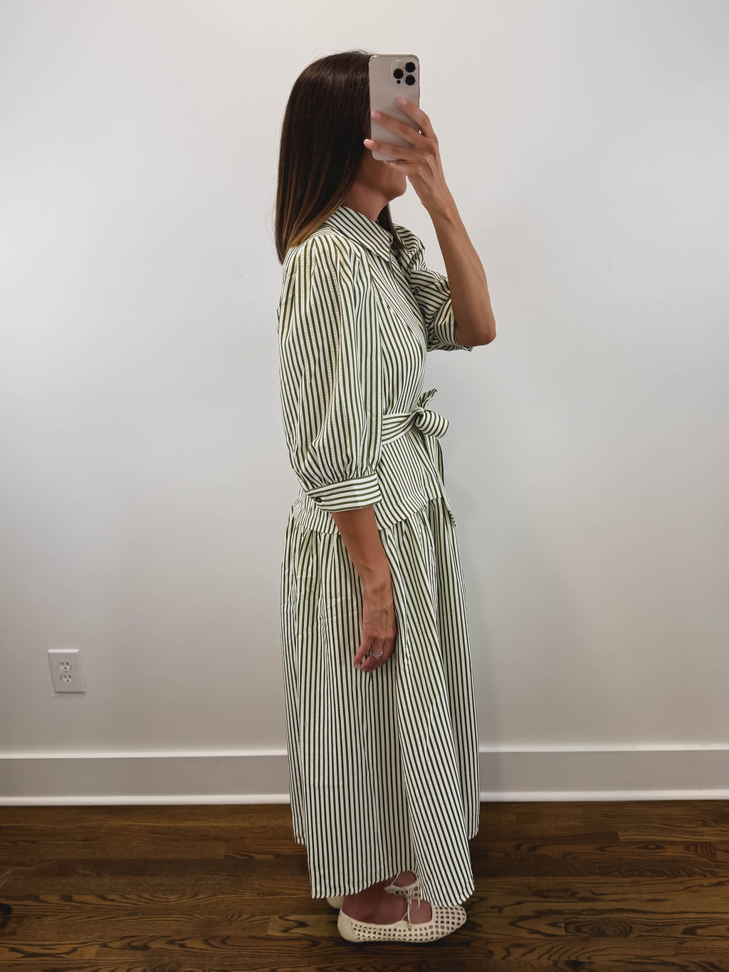 The Ashford Dress | Green Belted Three-Quarter Sleeve Midi Dress