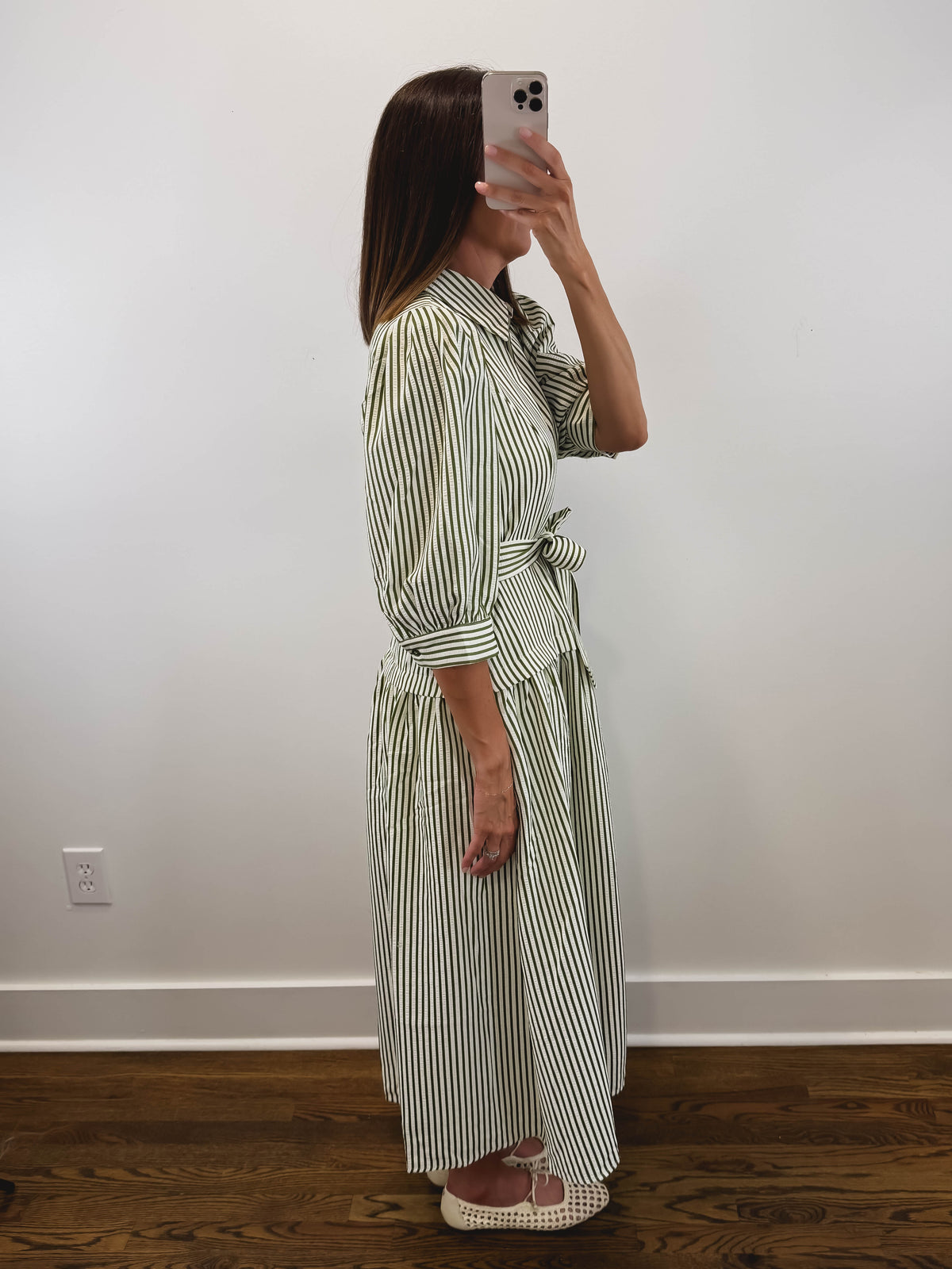 The Ashford Dress | Green Belted Three-Quarter Sleeve Midi Dress