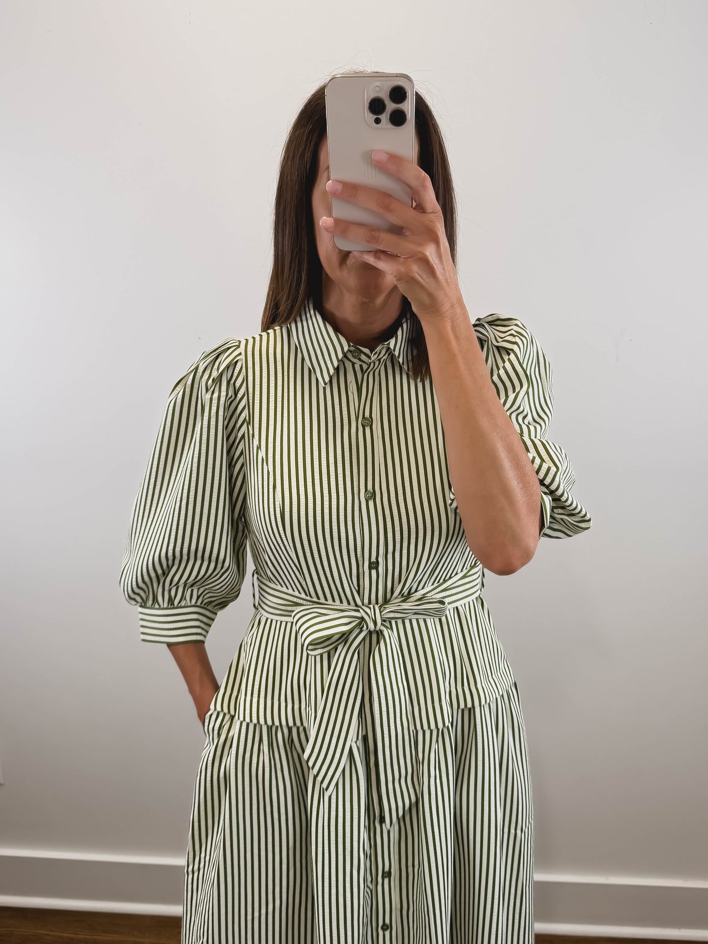 The Ashford Dress | Green Belted Three-Quarter Sleeve Midi Dress