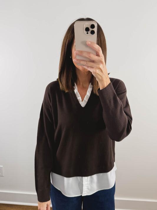The Lucille Ruffle Collar Sweater in Brown