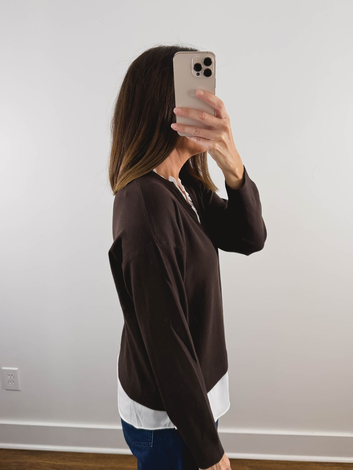 The Lucille Ruffle Collar Sweater in Brown