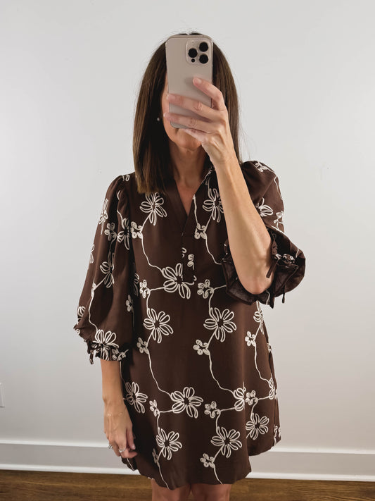 The Daisy Chain Dress | Brown Embroidered Mini Dress