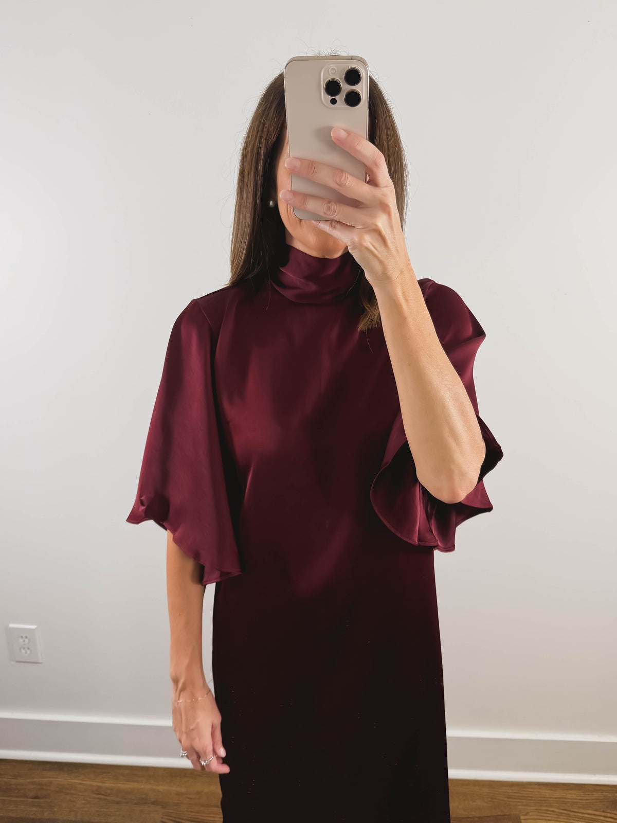 The Bordeaux Dress | Burgundy Satin Wedding Guest Midi Dress