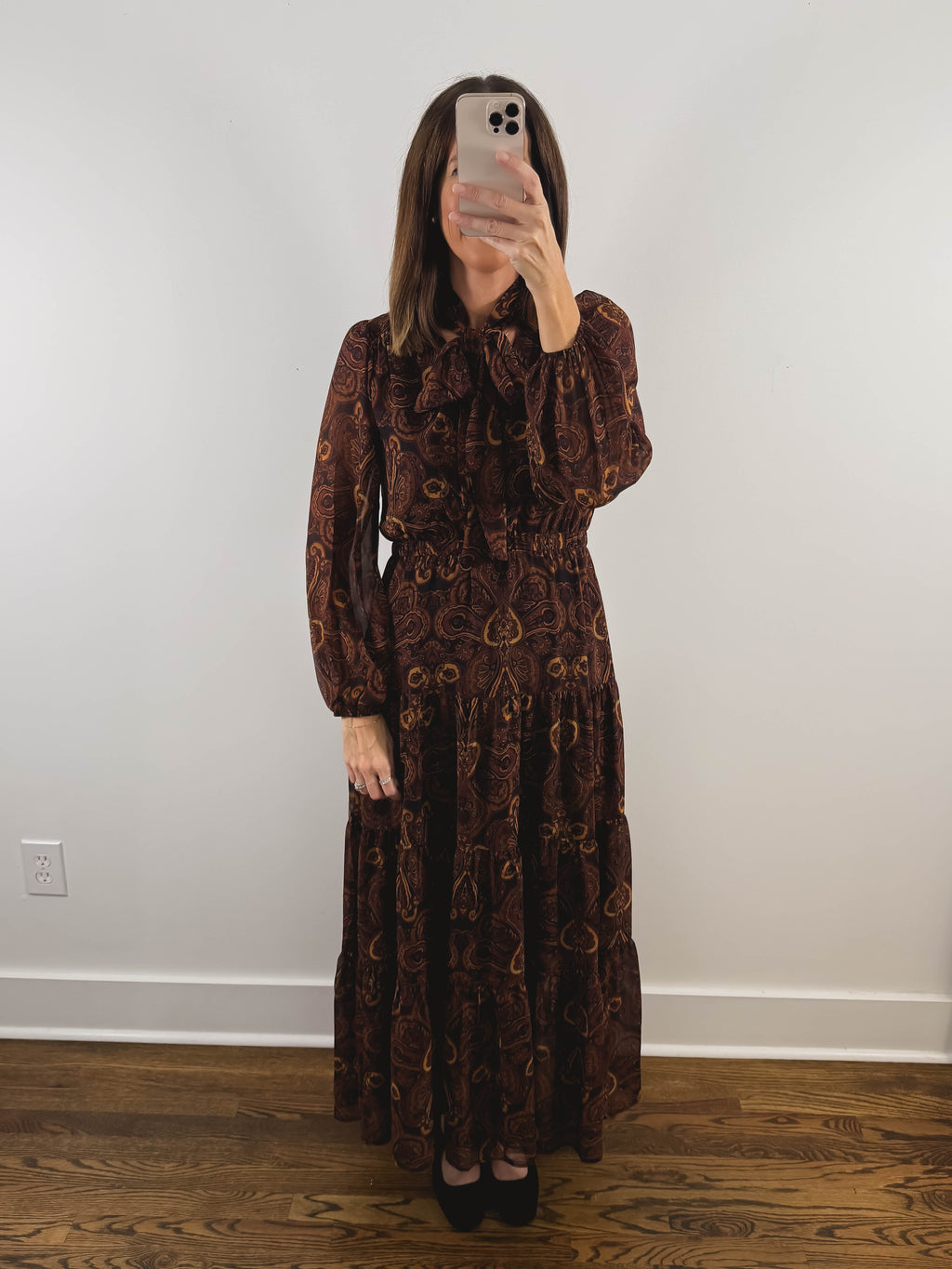 The Amaretto Dress | Brown Paisley Tie Neck Maxi Dress