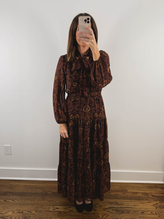 The Amaretto Dress | Brown Paisley Tie Neck Maxi Dress