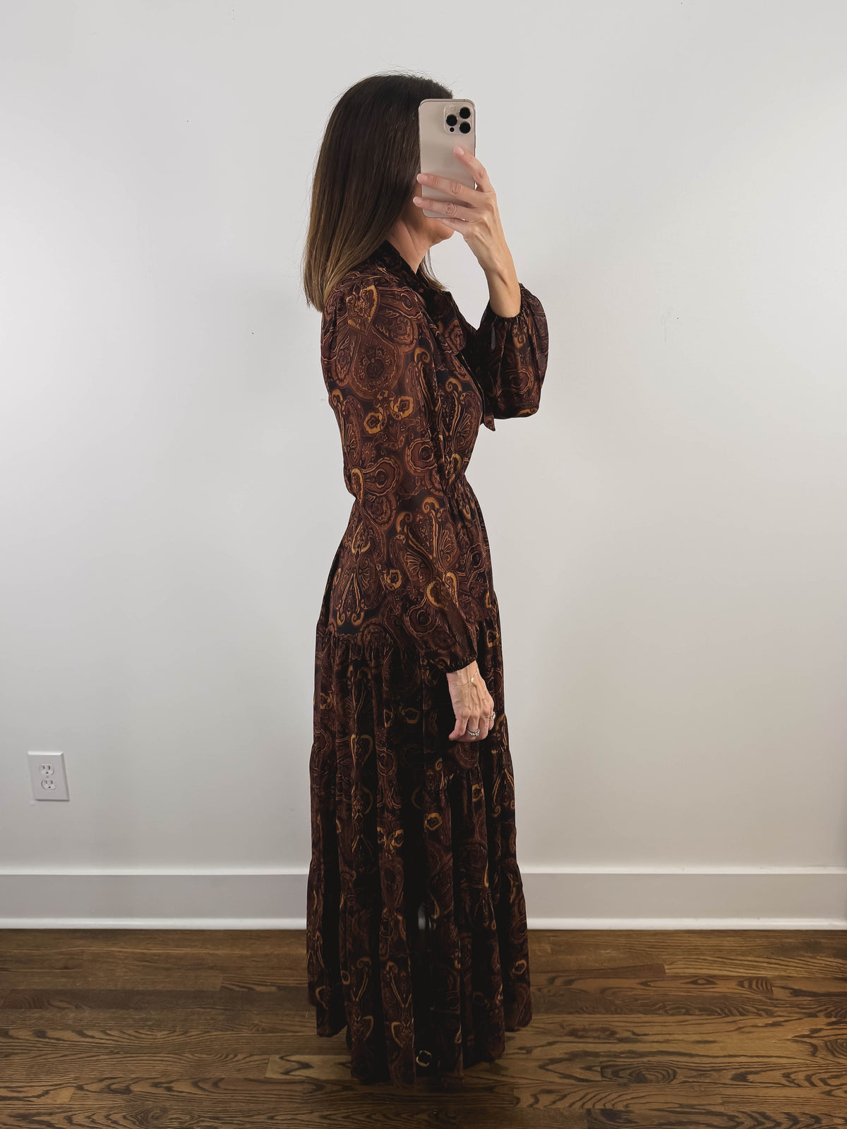The Amaretto Dress | Brown Paisley Tie Neck Maxi Dress